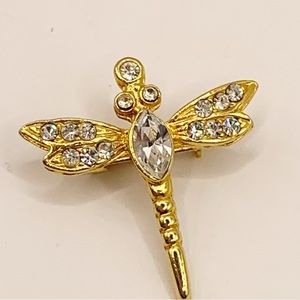 Vintage gold tone sparkling rhinestone dragonfly insect brooch pin